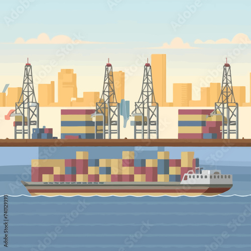 2d vector illustration colorful Land and sea transport techniques, methods and technological tools for transporting and shipping goods and products and logistic 
