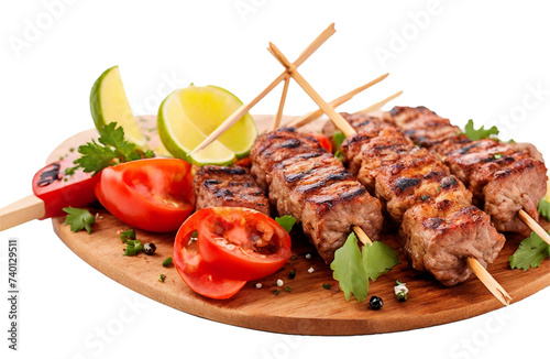 Delicious grilled kebab on skewer on a white background