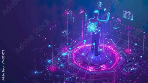 Businessman standing on pedestal and touching holographic projectio, ai generativen