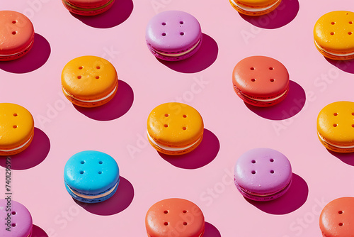 colorful macarons on a pink background in the style o