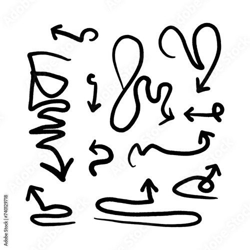 Collection hand drawn arrows. Set simple arrows isolated on white background. Arrow mark icons. Arrow paint - stock vector, Hand drawn freehand different curved lines, swirls 