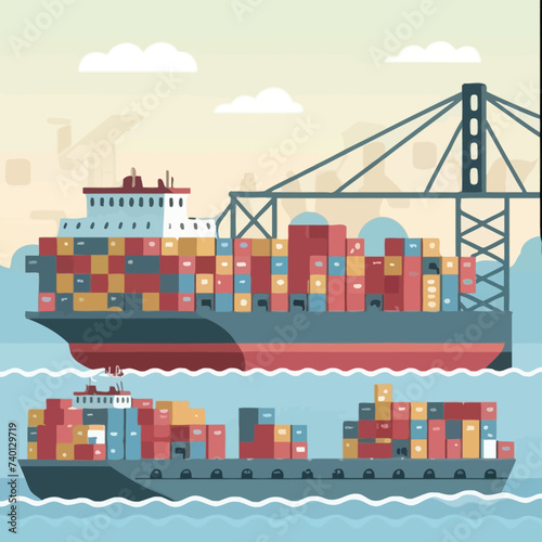 2d vector illustration colorful Land and sea transport techniques, methods and technological tools for transporting and shipping goods and products and logistic 
