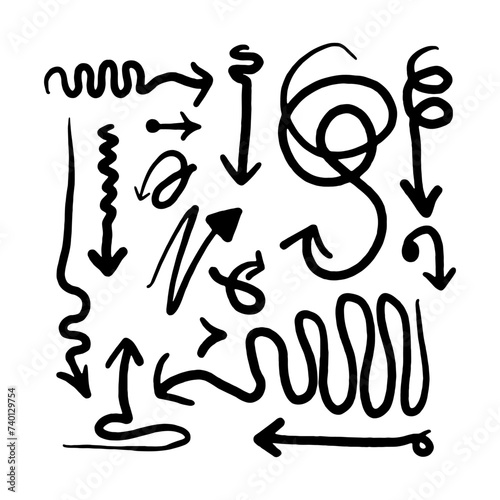 Collection hand drawn arrows. Set simple arrows isolated on white background. Arrow mark icons. Arrow paint - stock vector, Hand drawn freehand, swirls arrows. Doodle marker.