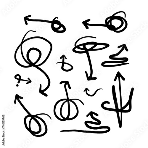 Collection hand drawn arrows. Set simple arrows isolated on white background. Arrow mark icons. Hand drawn freehand different curved lines, swirls arrows. Doodle marker.