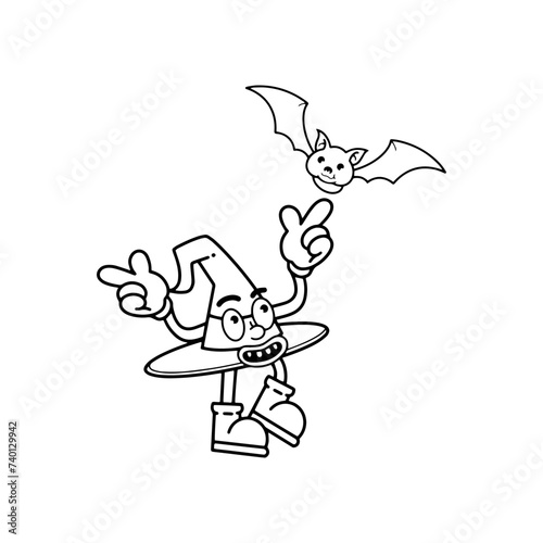 Halloween vector witch hat groovy character. cute bat, Holidays greeting card. Trick or treat. Isolated on white background. For flyers, invitations, cards. boo