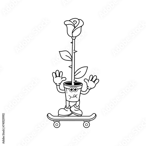 vintage style groovy cartoon character rose plant pot illustration.vector