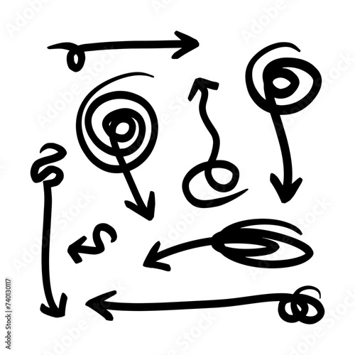 Collection hand drawn arrows. Set simple arrows isolated on white background. Arrow mark icons. Hand drawn freehand different curved lines, swirls arrows. Doodle marker.
