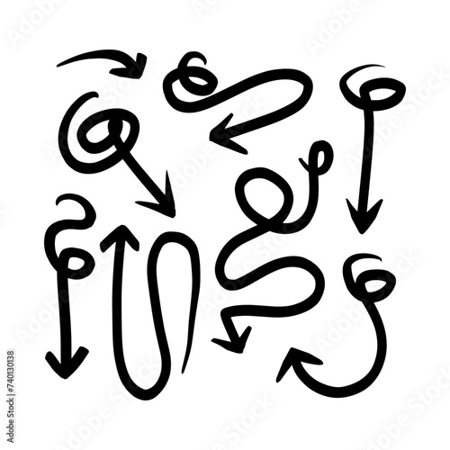 Collection hand drawn arrows. Set simple arrows isolated on white background. Arrow mark icons. Hand drawn freehand different curved lines. Doodle marker.
