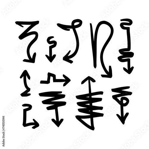 Collection hand drawn arrows. Set simple arrows isolated on white background. Arrow mark icons. Arrow Hand drawn freehand different curved lines, swirls arrows. Doodle marker.