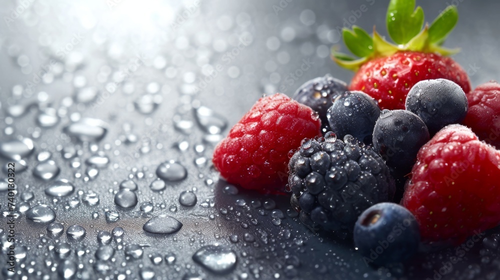 Fresh Berries with Water Droplets on Dark Surface. Fresh Berries with Water Droplets on Dark Surface.
