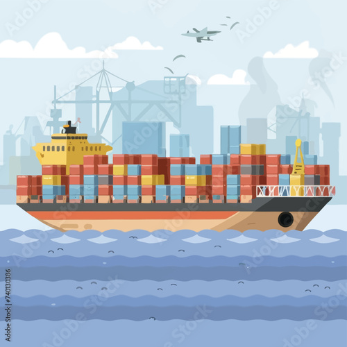 2d vector illustration colorful Land and sea transport techniques, methods and technological tools for transporting and shipping goods and products and logistic 
