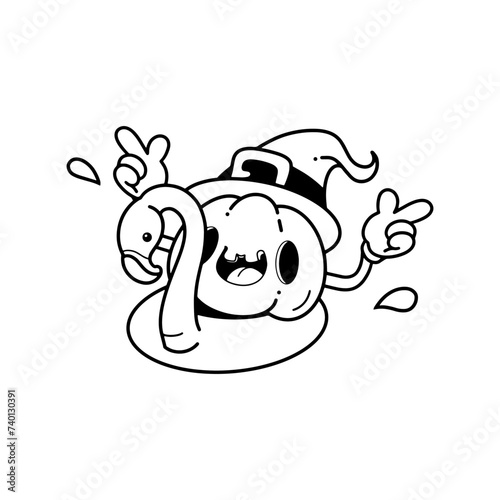 Happy summer. Groovy pumpkin. Vector. Doodle. Swimming.