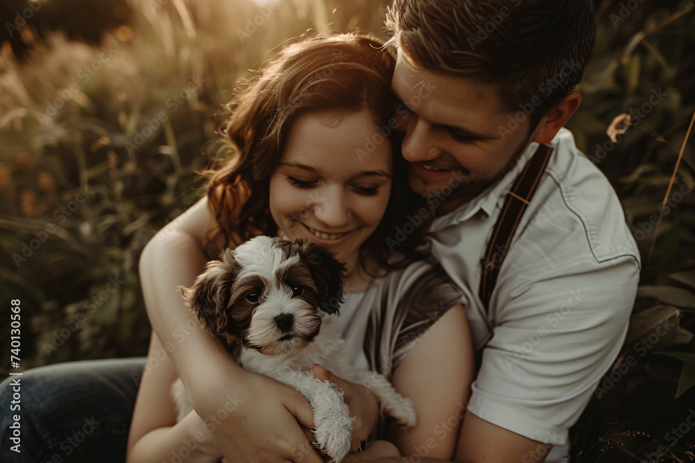 Happy Family Enjoying Time with New Puppy. Generative AI.