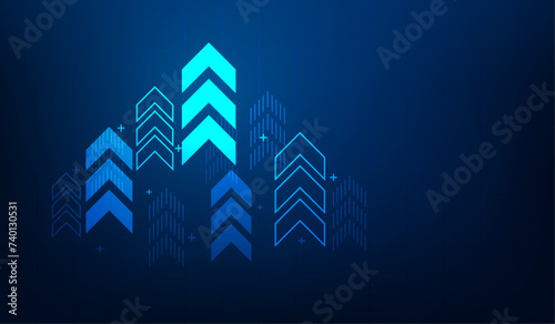 business arrow up growth technology on grid line dark blue background. graph stock market trading investment. chart trend profit income. vector illustration fantastic hi-tech design.