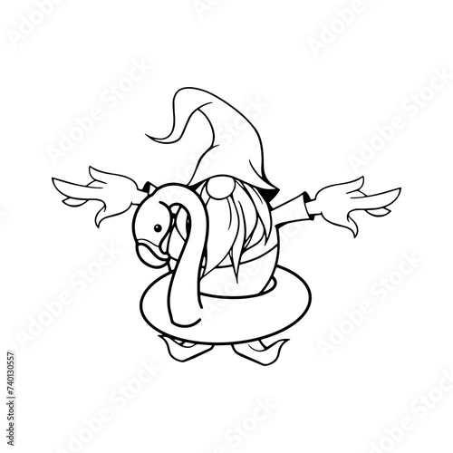 Hello Summer Cute Gnomes On Banner Design. Cartoon Illustration. Gnome summer cartoon characters dwarves vector linear art for printing greeting cards and coloring books. flamingo
