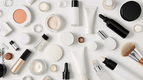 Clean beauty products, ranging from skincare to makeup, are arranged in a visually appealing manner