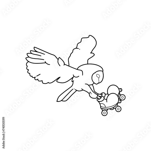 flying owl wearing roller skates. groovy character. vector. isolated white background