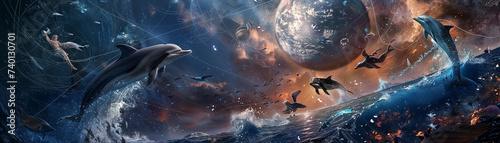 Motion filled scene of dolphins and wizards with a backdrop of the Trojan War and cosmic webs photo