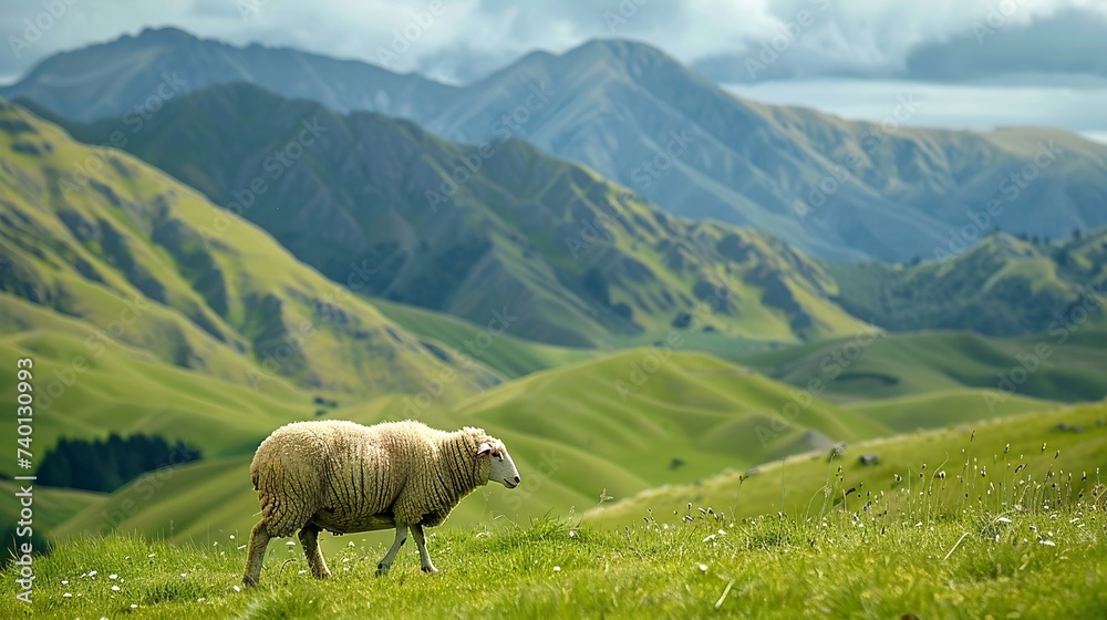 A sheep grazing on a plain in the mountains