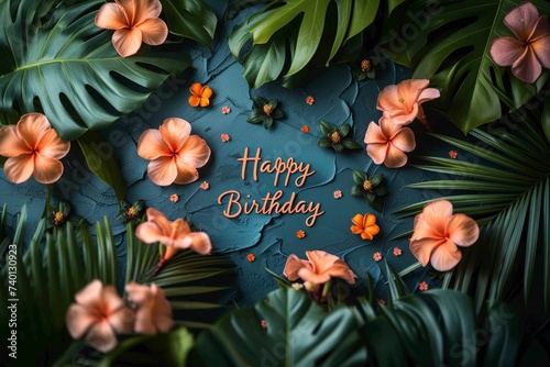 A colorful happy birthday card is placed amidst a lush arrangement of vibrant tropical leaves and flowers, creating a cheerful and festive atmosphere