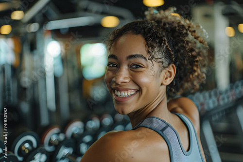 Happy Girl Enjoying Her Workout Session in the Gym. Generative AI.
