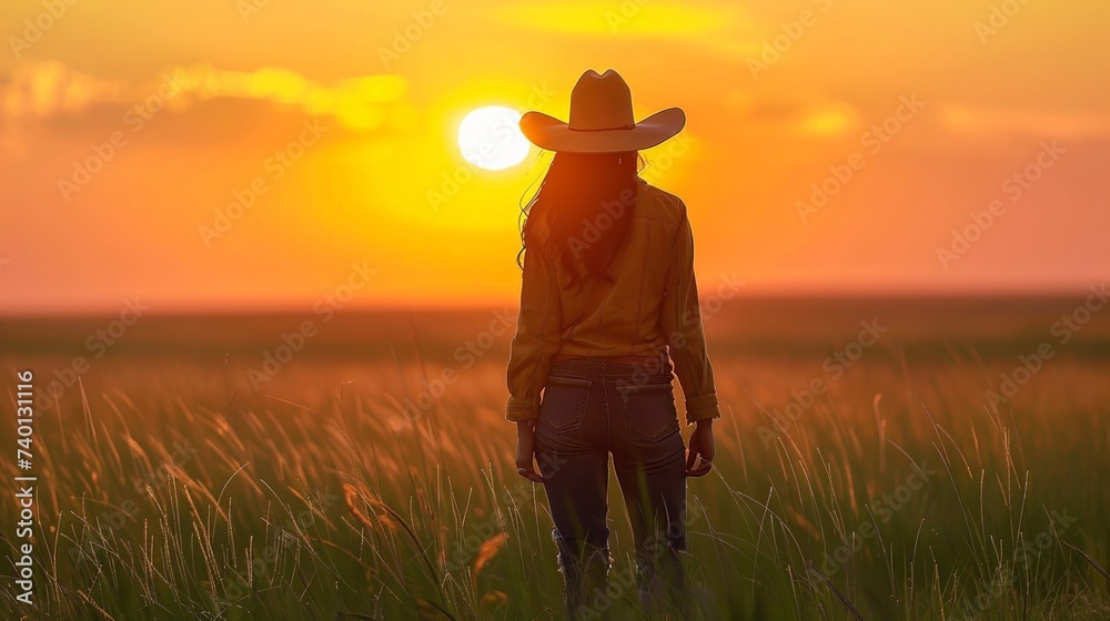 A cowboy girl in a field - obrazy, fototapety, plakaty 