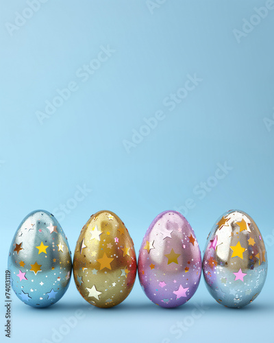Shiny Easter Eggs on Gradient Pastel Blue Background. Easter Eggs with Glittering Gold and Silver Stars. Easter Background with Copy Space