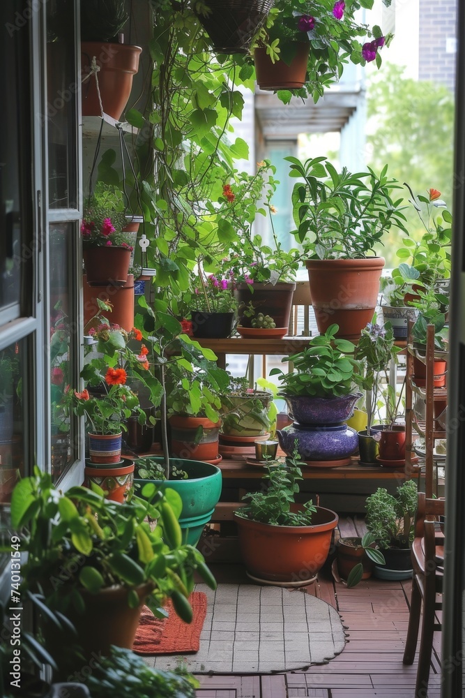 Cozy Balcony Garden with Hanging Pots and Potted Plants