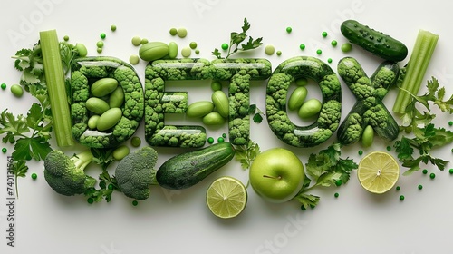 A creative artwork showcasing a DETOX word made entirely out of fresh vegetables and fruits, arranged in an aesthetically pleasing manner