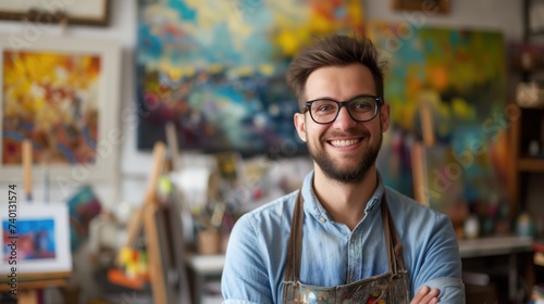 Portrait of a happy male artist working on painting in studio, generative ai