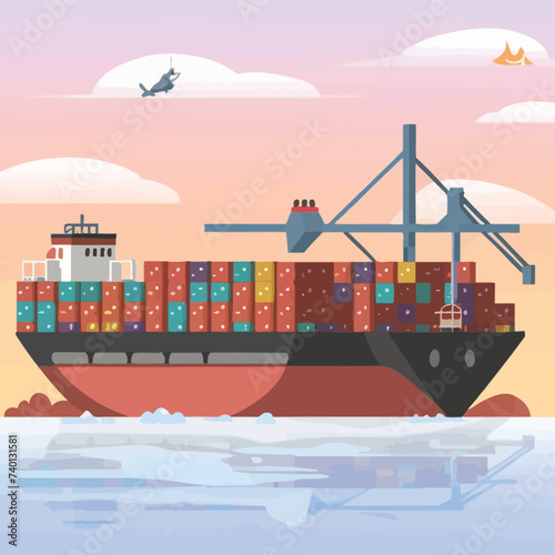 2d vector illustration colorful Land and sea transport techniques, methods and technological tools for transporting and shipping goods and products and logistic 
