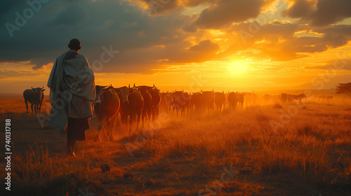 Pastores masais de Kenia con sus vacas por el Masai Mara