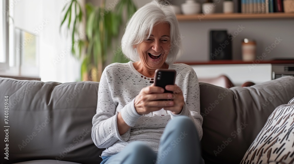 Amazed happy elderly woman, excited using smartphone using mobile app feeling great positive surprise reaction receiving gift reading sms on cell phone sitting on couch at home, generative ai Amazed happy elderly woman, excited using smartphone using mobile app feeling great positive surprise reaction receiving gift reading sms on cell phone sitting on couch at home, generative ai