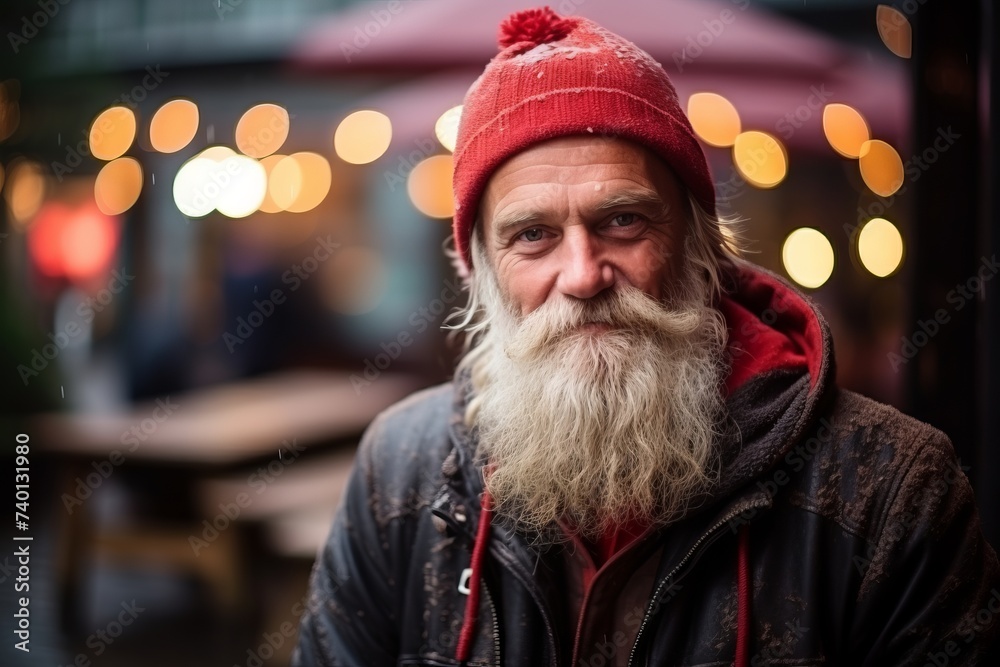 Portrait of an old man with long white beard and mustache on the street at night Portrait of an old man with long white beard and mustache on the street at night