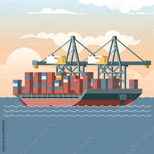 2d vector illustration colorful Land and sea transport techniques, methods and technological tools for transporting and shipping goods and products and logistic 
