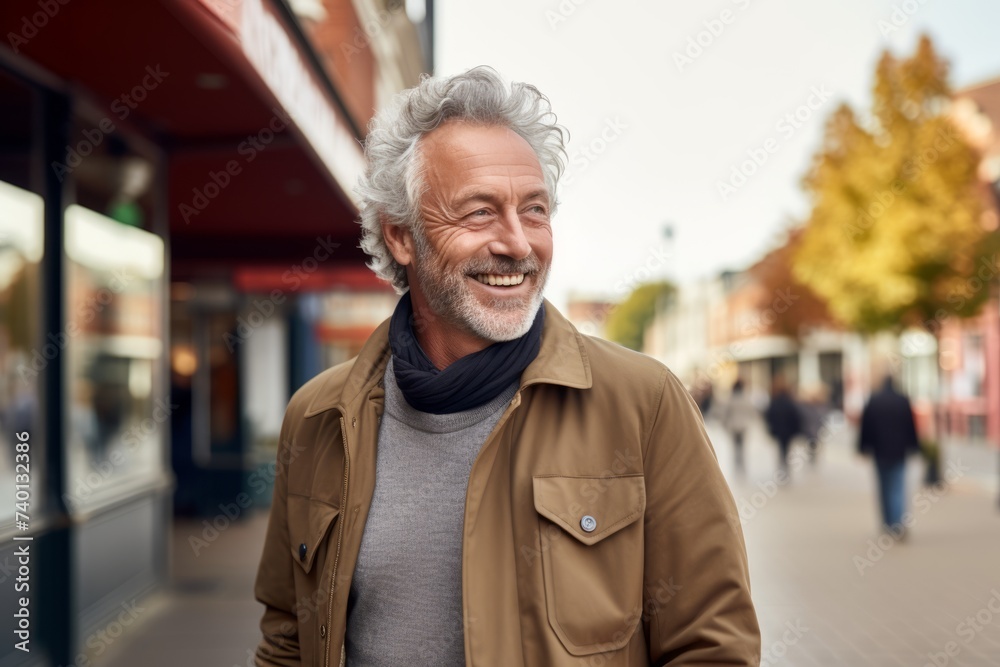 Portrait of a happy senior man with grey hair and beard smiling at the camera while walking in the city