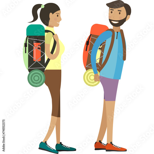 Man and woman couple enjoying trekking or hiking together vector icon isolated on white