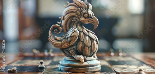 a chess piece sits on a board, in the style of manticore, light brown and dark azure, tiago hoisel, avian-themed, zbrush, #screenshotsaturday, valentin rekunenko  photo