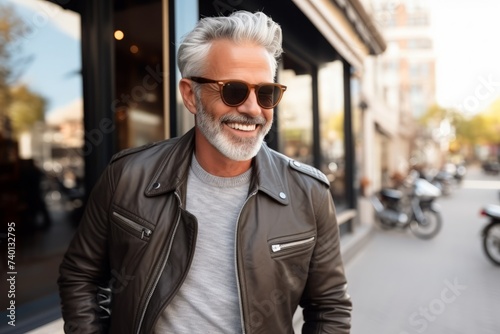 portrait of handsome mature man in sunglasses and leather jacket on city street