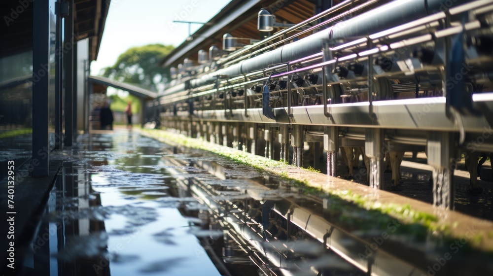 Dairy cows stand in a modern facility, as machines efficiently handle the milking operations.