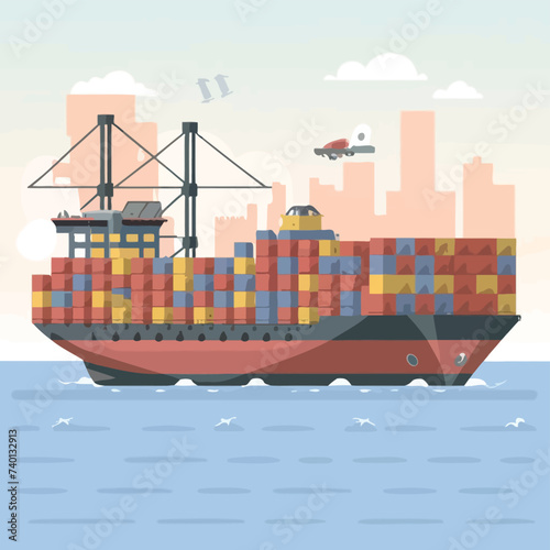 2d vector illustration colorful Land and sea transport techniques, methods and technological tools for transporting and shipping goods and products and logistic 
