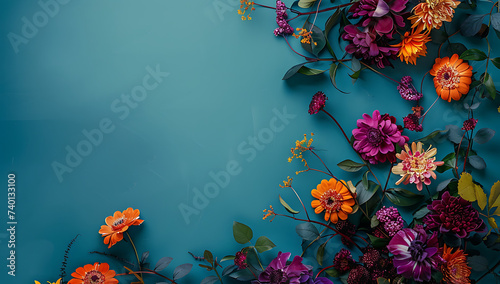 flowers and vines in a corner of a blue background ba