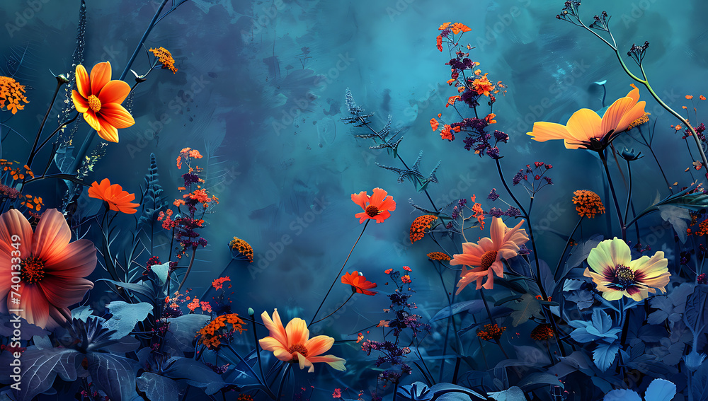 flowers in a garden on a blue background in the style