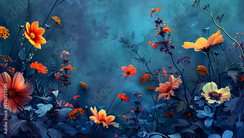 flowers in a garden on a blue background in the style
