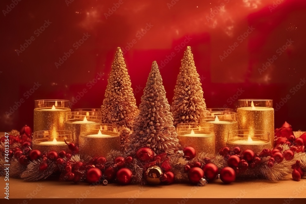 hyper realistic,table decorated with Table centerpiece made from candles, holly, and berries, Merry Christmas