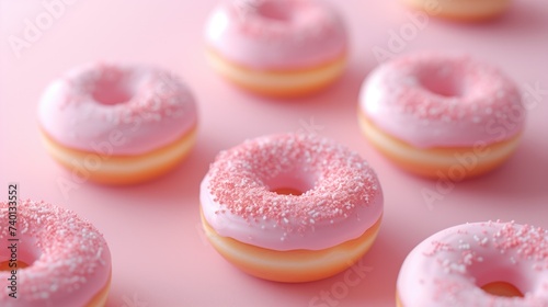 Donuts with sprinkles on pink background. Sugar, calories, homemade sweets concept, generative ai