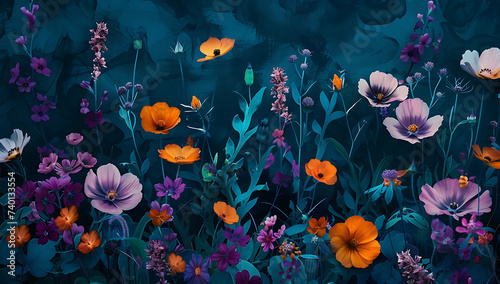 flowers in a garden on a blue background in the style