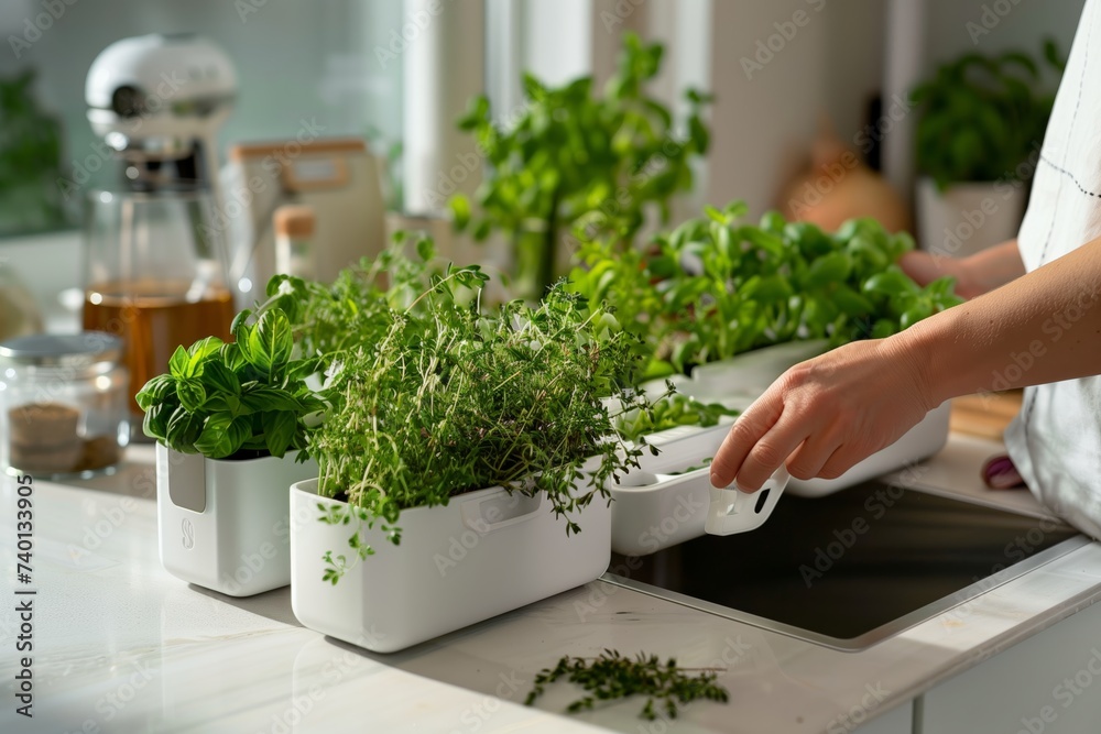 A person tending to a selection of fresh herbs growing in indoor planters on a sunny kitchen countertop, symbolizing home cooking, urban gardening, and a sustainable lifestyle. A person tending to a selection of fresh herbs growing in indoor planters on a sunny kitchen countertop, symbolizing home cooking, urban gardening, and a sustainable lifestyle.