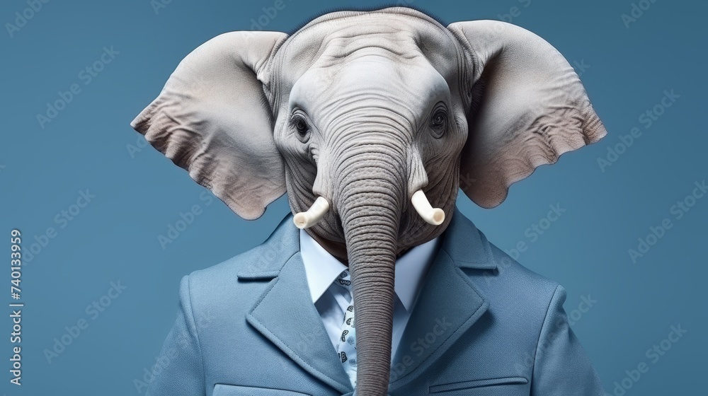 Elephant in business suit acting as corporate professional in studio, copy space