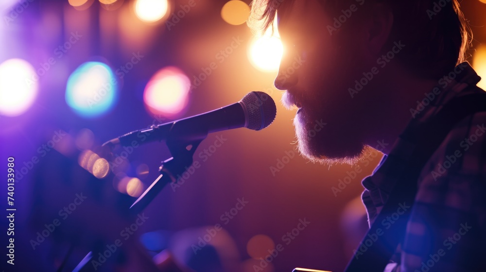 A man sitting play acoustic guitar on the outdoor concert with a microphone stand in the front, musical concept, generative ai - obrazy, fototapety, plakaty 